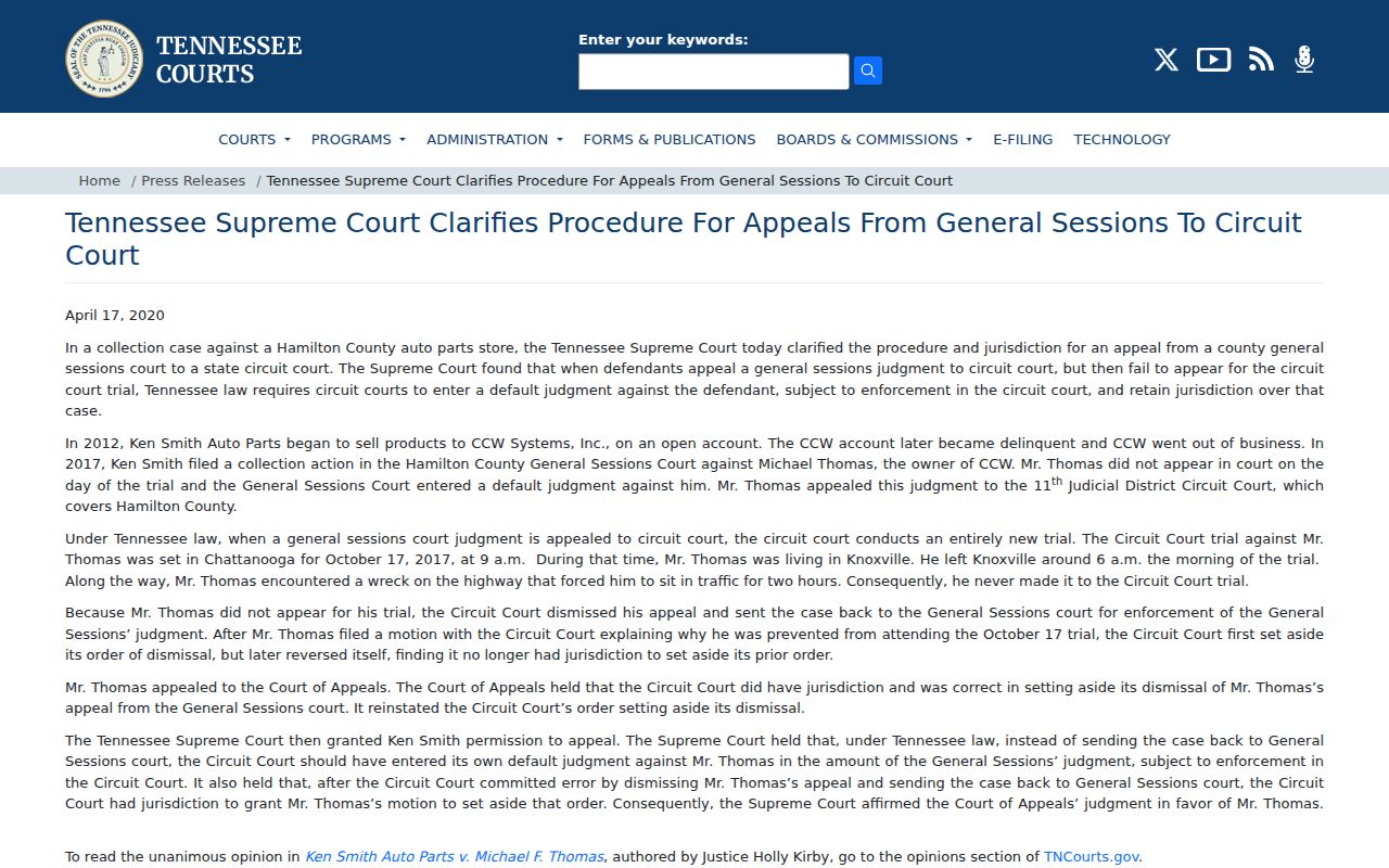 Jackson County criminal docket General Sessions appeal procedure