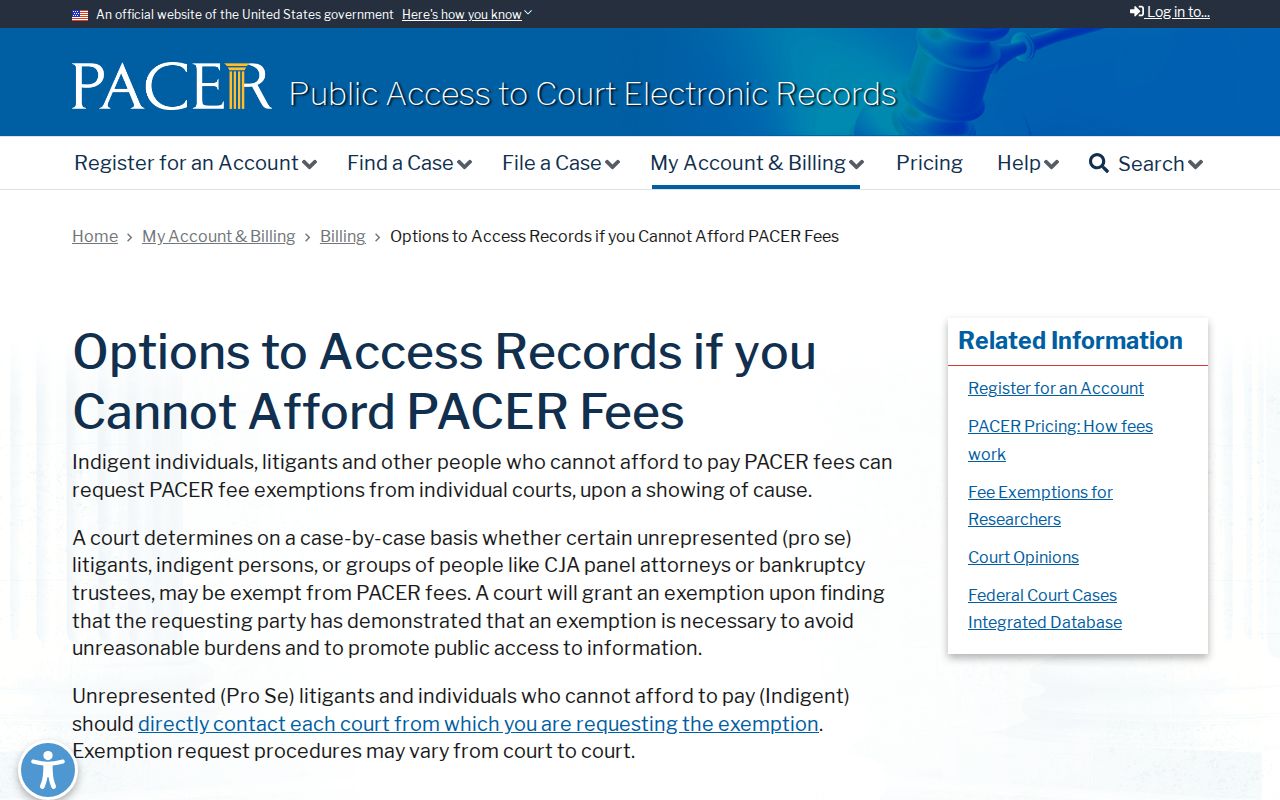 Official PACER options for free federal court record access