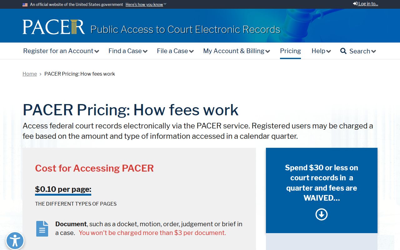 Official PACER federal court records pricing and fee information