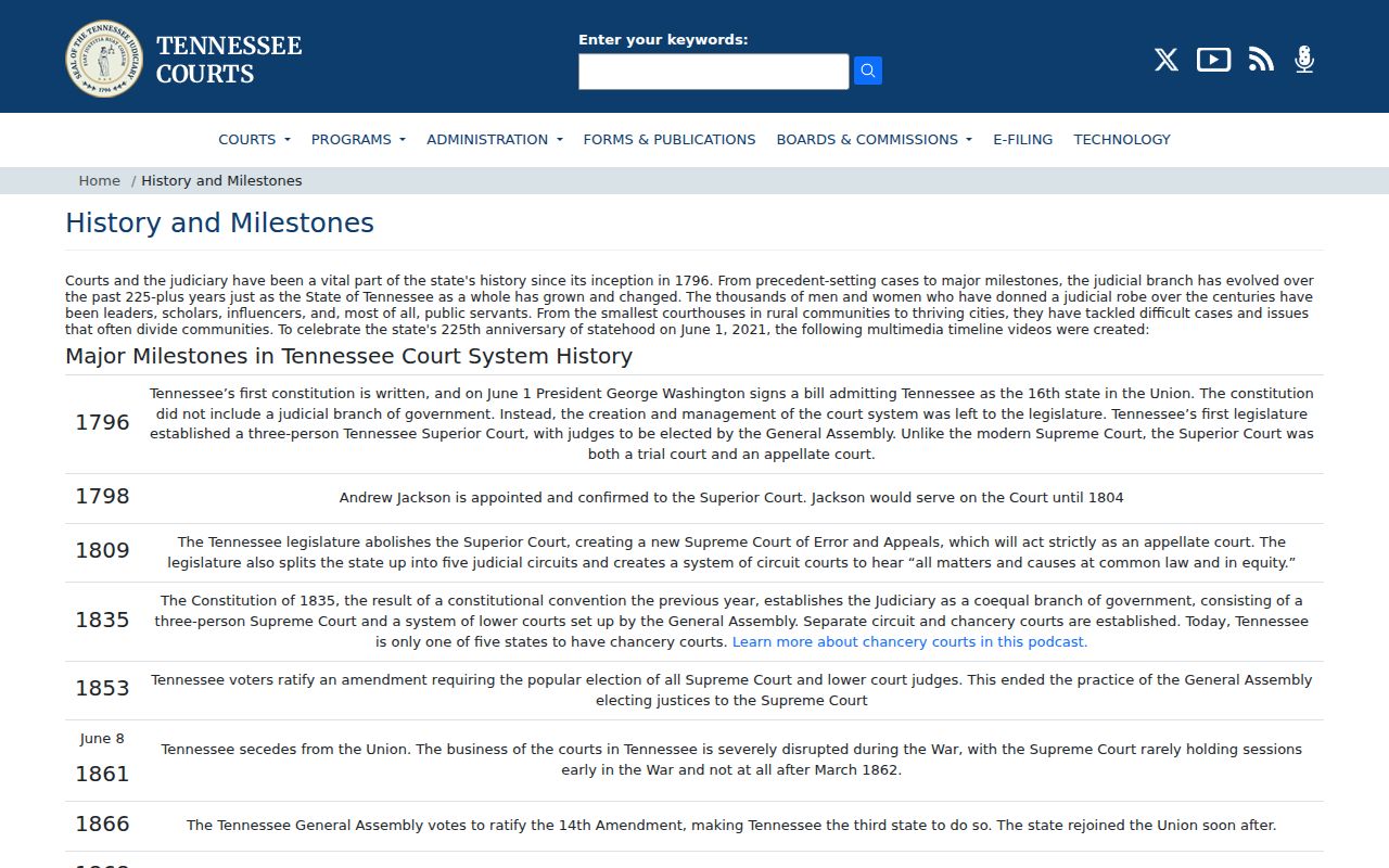 Tennessee judiciary history page related to court docket development